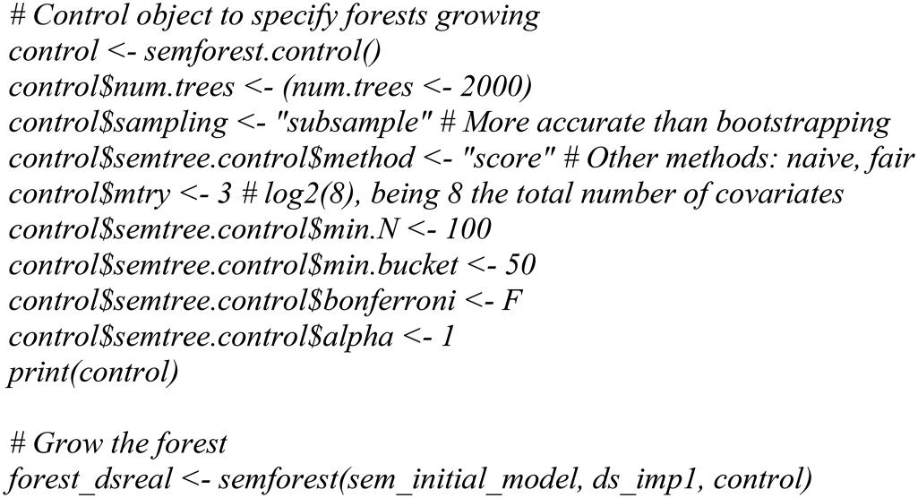 Figure 2. Code to generate the SEM forests using the R package semtree